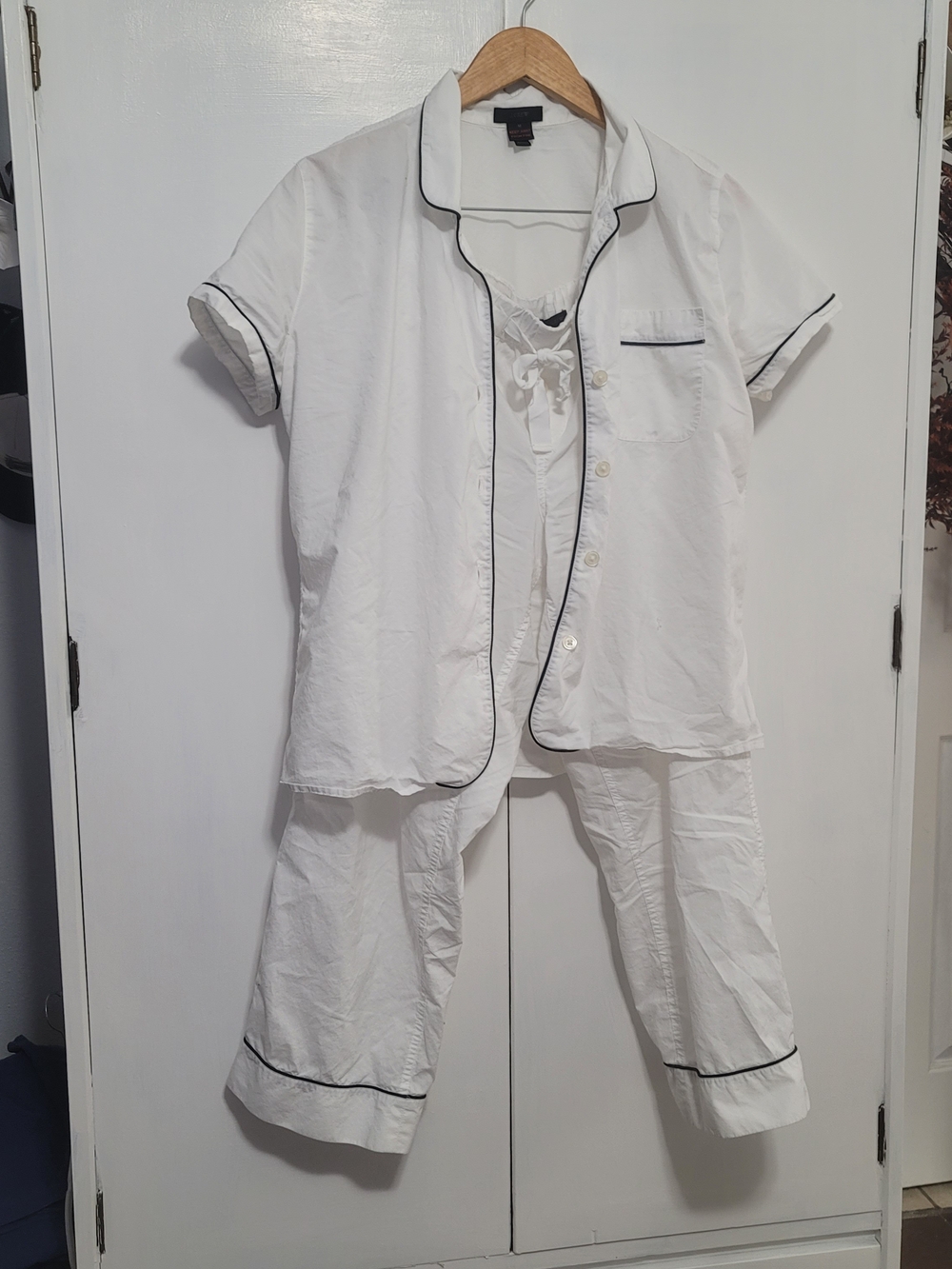 J. Crew White Short-Sleeve Cotton Pajama Set with Black Piping